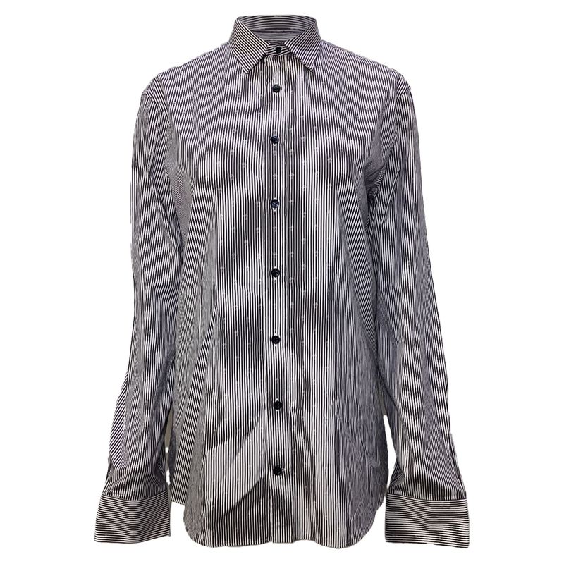Alexander Mcqueen Stripe And Skull Print Long Sleeve Shirt In Blue Cotton